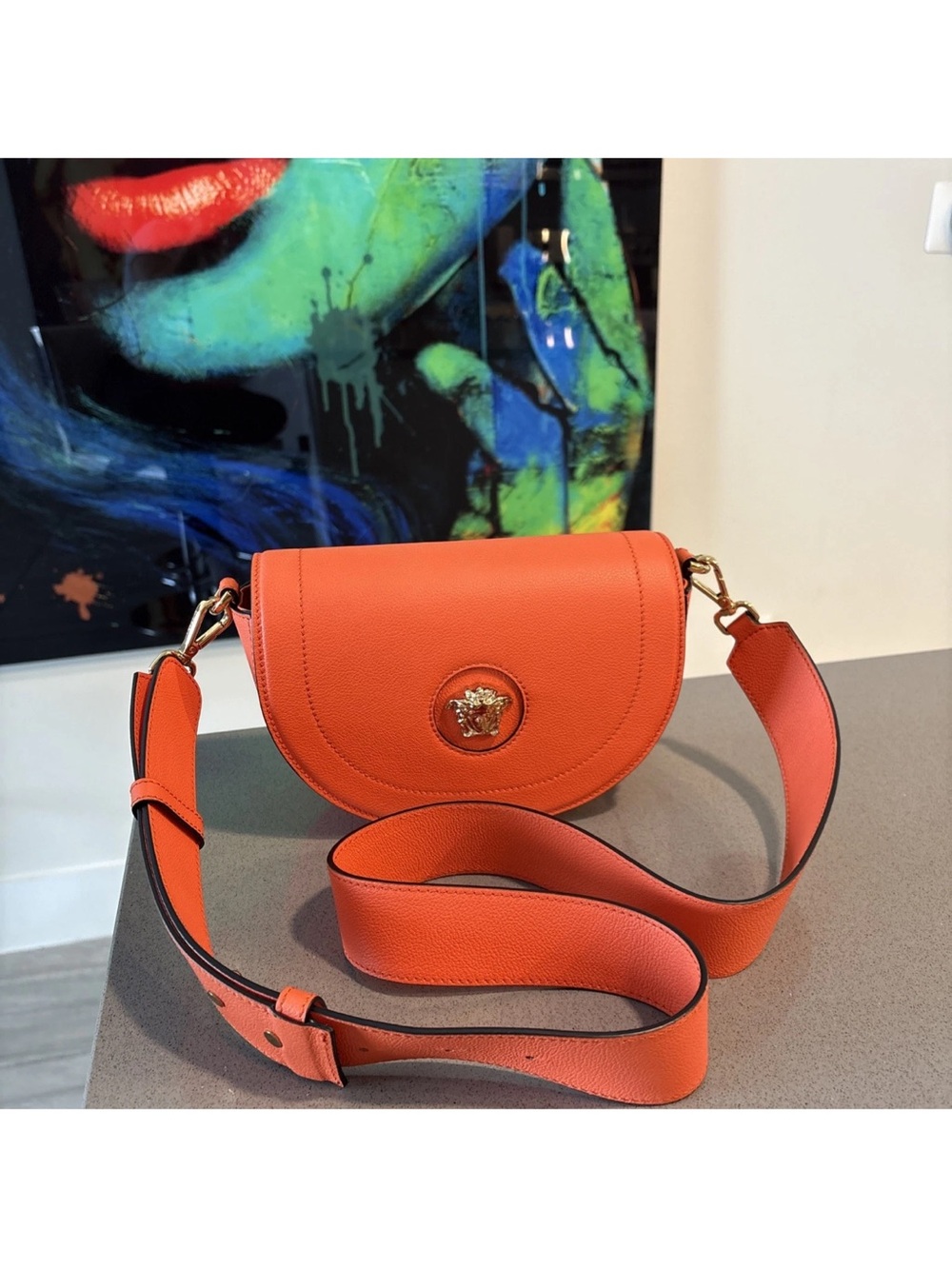 Versace Orange Pebbled Leather Crossbody Bag with Medusa - Picture 7 of 13